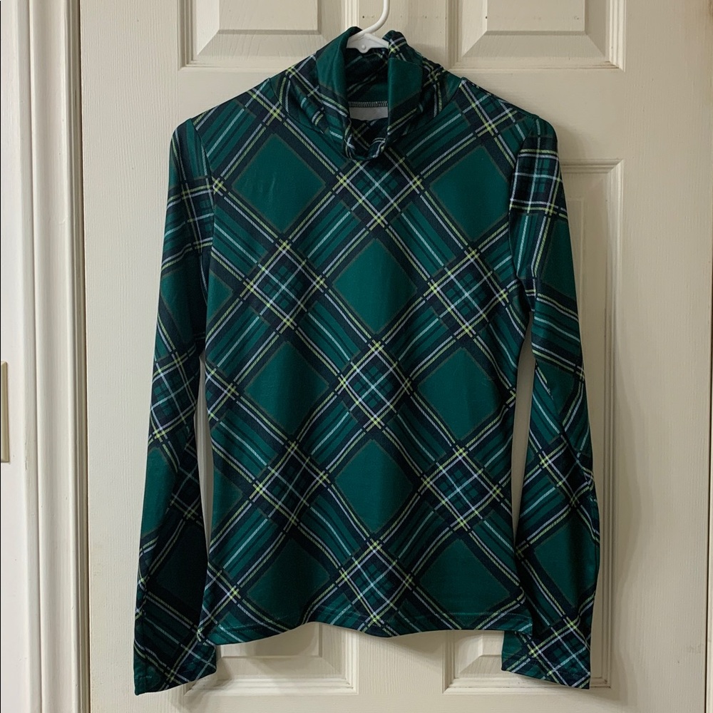 🌷3 for $25🌷Temu, US M, Green Black & White Plaid Long Sleeve Turtleneck, NWOT